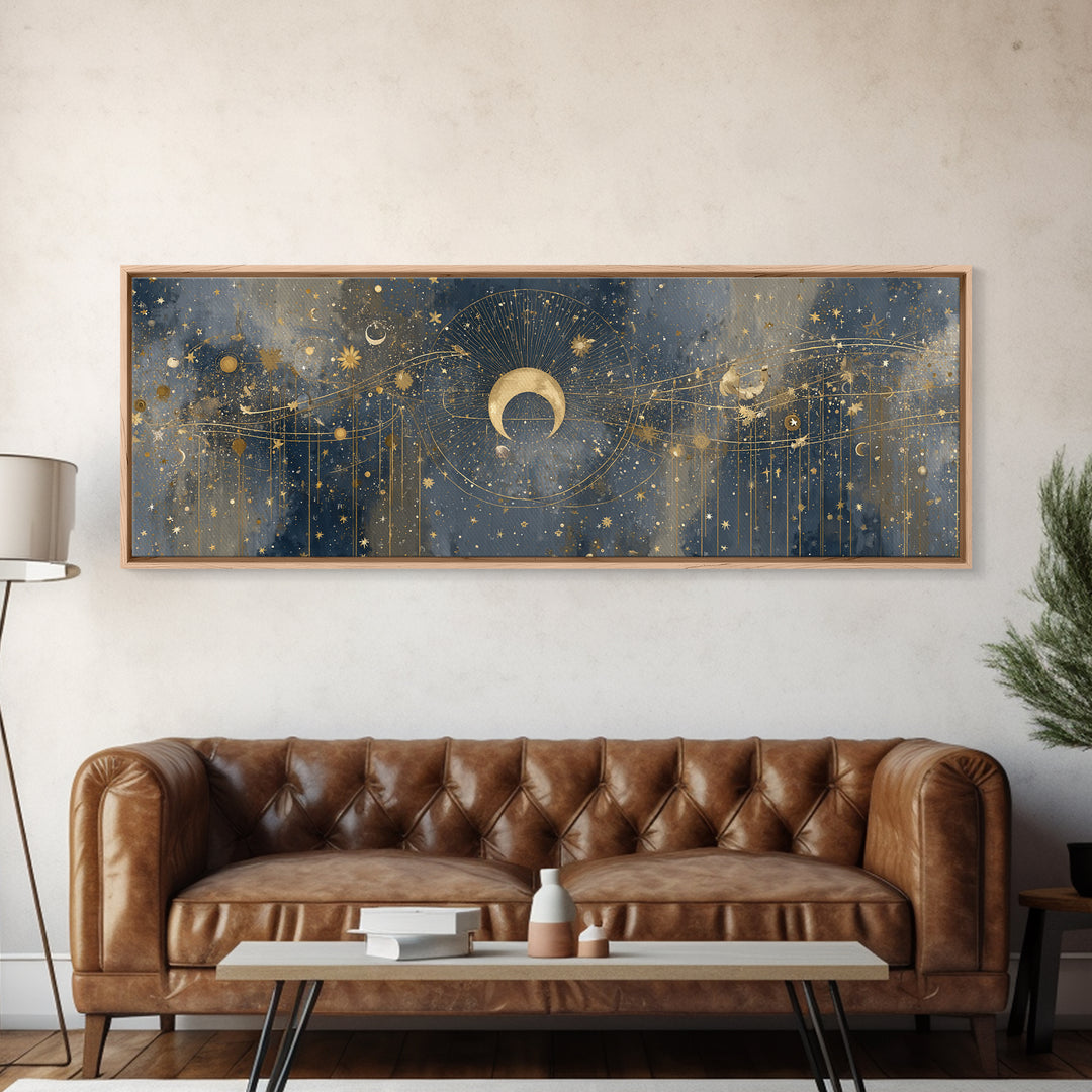 Celestial Moon and Stars Artwork Canvas Print, Wall Art, Painting, Living Room Decor, Fine Art, Art Deco, Wall Hanging, WAL-3x1-30