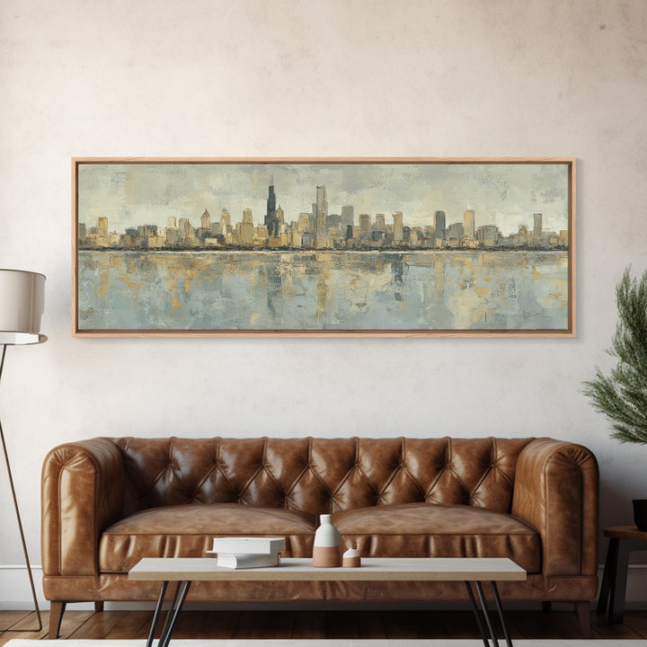 Urban Skyline in Muted Evening Color Framed Canvas Print, Wall Art, Art Deco, Living Room Decor, Fine Art, Abstract Wall Art, WAL-3x1-58