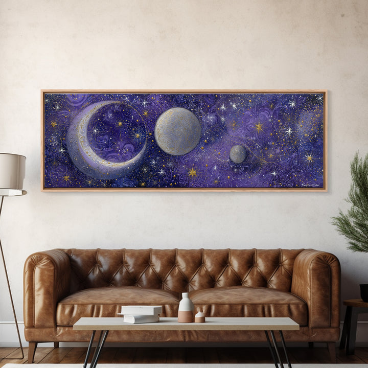 Celestial Moon and Stars Artwork Canvas Print, Wall Art, Digital Print, Living Room Decor, Fine Art, Luxury Decor, WAL-3x1-6