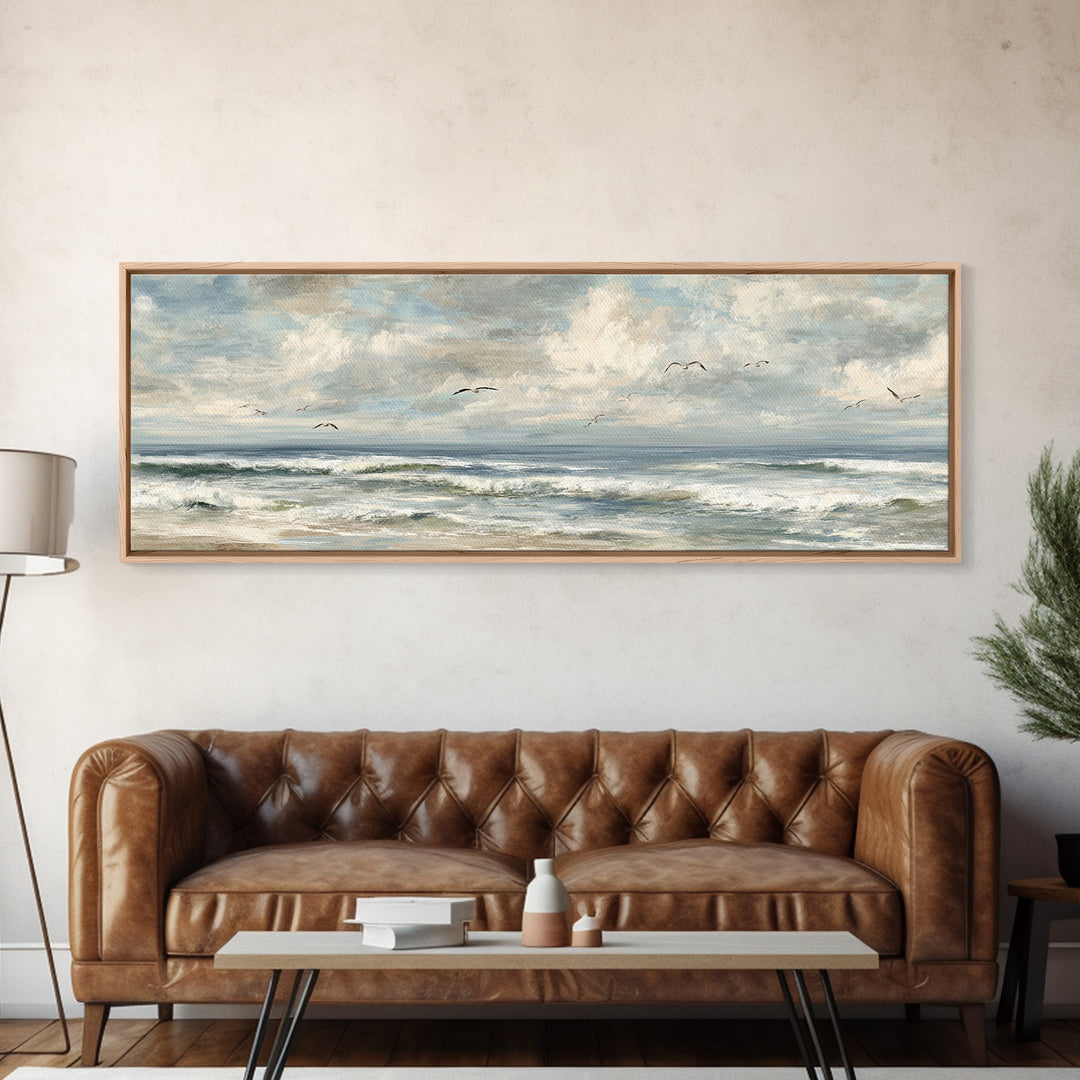 Classic Seascape with Dramatic Clouds Framed Canvas Print, Wall Art, Mid Century Modern, Living Room Decor, Abstract Art, WAL-3x1-67