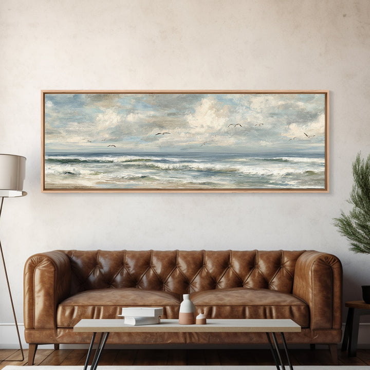 Classic Seascape with Dramatic Clouds Framed Canvas Print, Wall Art, Mid Century Modern, Living Room Decor, Abstract Art, WAL-3x1-67