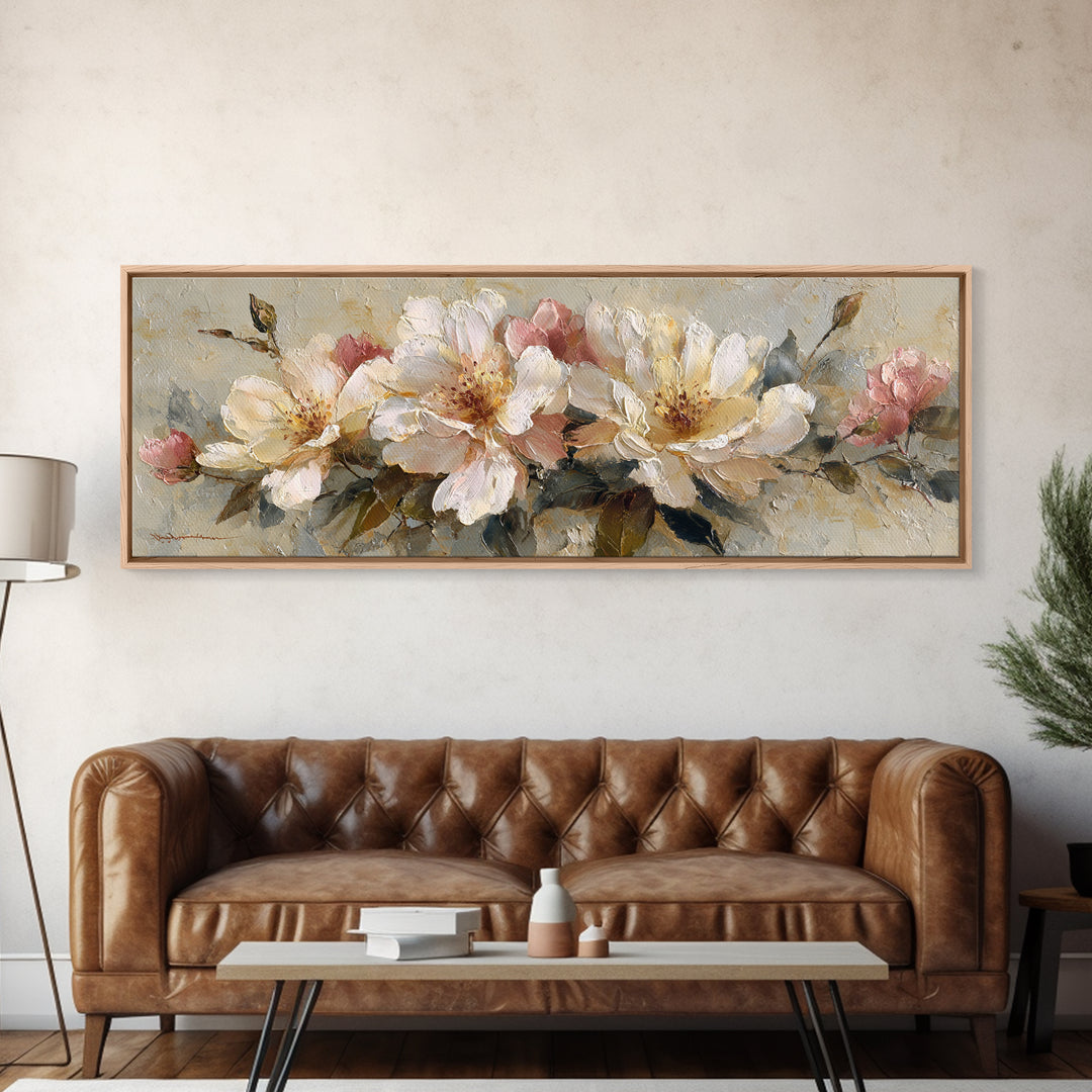 Soft Floral Oil Painting Framed Canvas Print, Wall Art, Gallery Decor, Living Room Decor, Fine Art, Home Decor, WAL-3x1-69