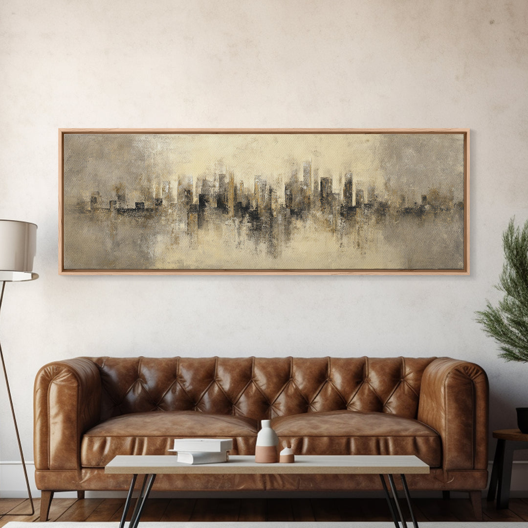 Urban Skyline in Muted Evening Color Framed Canvas Print, Wall Art, Art Deco, Living Room Decor, Fine Art, Abstract Wall Art, WAL-3x1-82