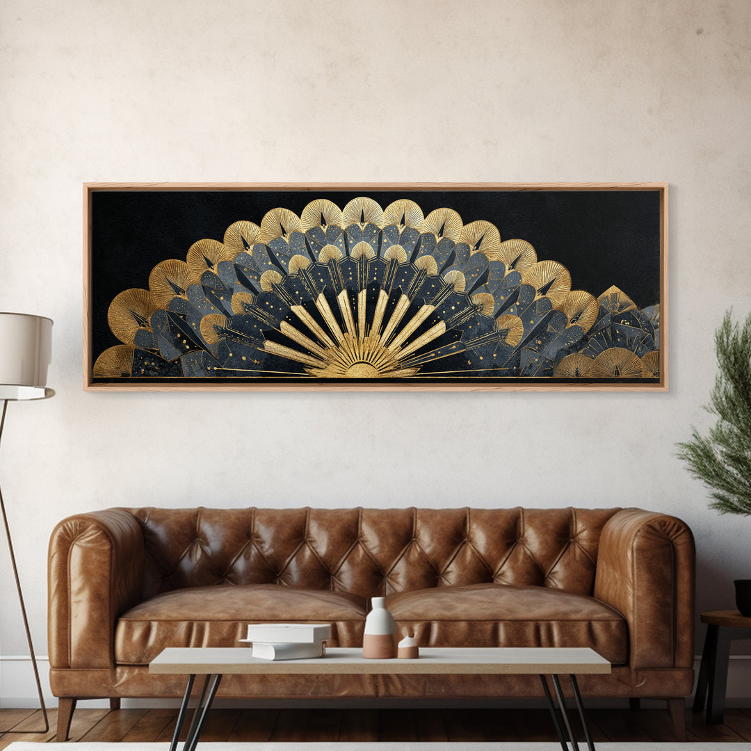 Art Deco Gold Fan Pattern Framed Canvas Print, Wall Art, Painting, Living Room Decor, Fine Art, Wall Hanging, WAL-3x1-84