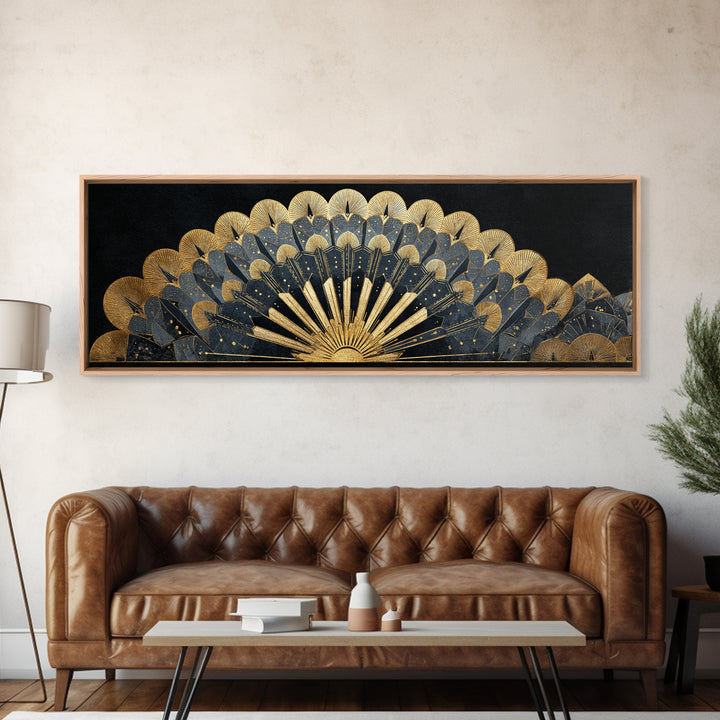 Art Deco Gold Fan Pattern Framed Canvas Print, Wall Art, Painting, Living Room Decor, Fine Art, Wall Hanging, WAL-3x1-84