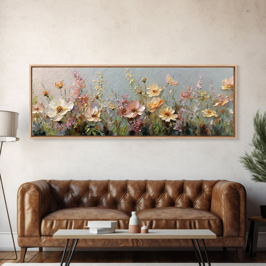 Impressionist Meadow of Wildflowers Framed Canvas Print, Wall Art, Large Wall Art, Living Room Decor, Fine Art, WAL-3x1-9
