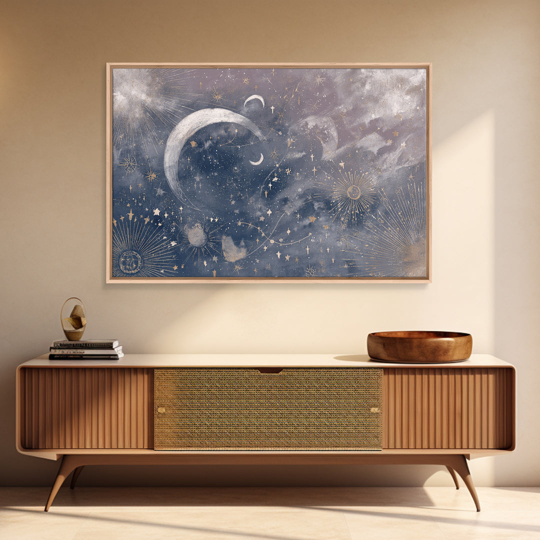 Celestial Moon and Stars Artwork Framed Canvas Print, Wall Art, Digital Wall Art, Living Room Decor, Fine Art, WAL-3x2-18