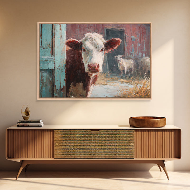 Rustic Farmhouse Cow Portrait Framed Canvas Print, Wall Art, Heart, Living Room Decor, Fine Art, Home Decor Gift, WAL-3x2-47