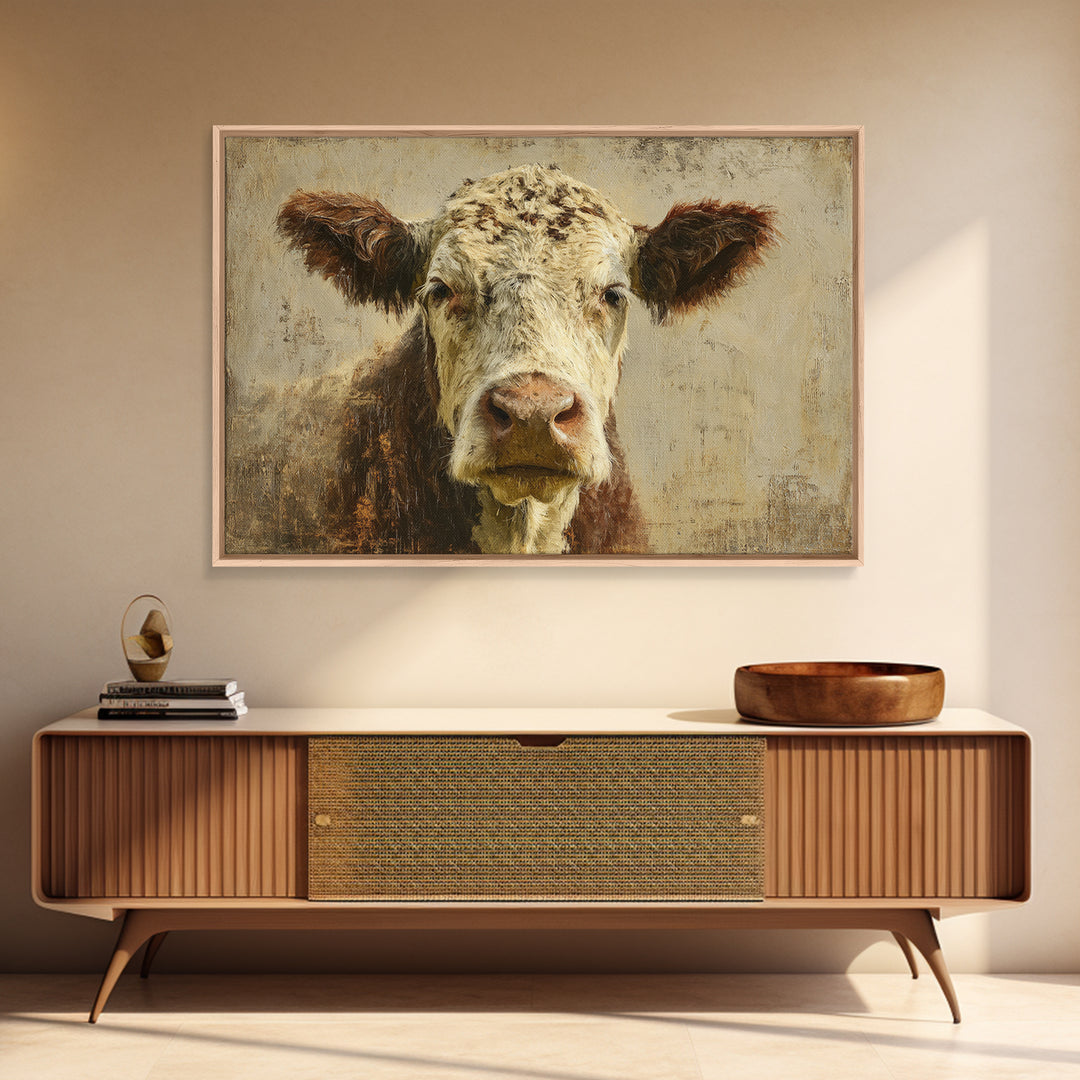 Rustic Farmhouse Cow Portrait Framed Canvas Print, Wall Art, Abstract Wall Art, Living Room Decor, Fine Art, WAL-3x2-71