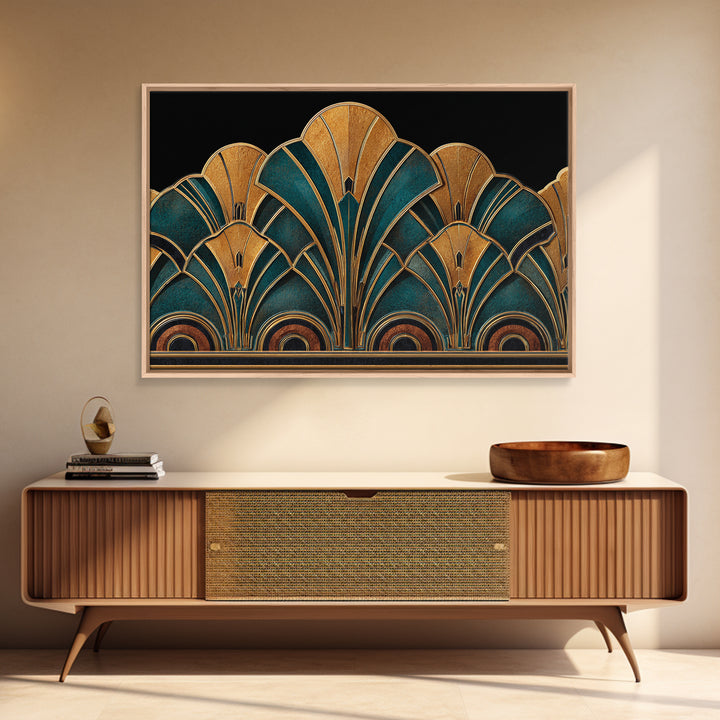 Art Deco Gold Fan Pattern Framed Canvas Print, Wall Art, Painting, Living Room Decor, Fine Art, Wall Hanging, WAL-3x2-96