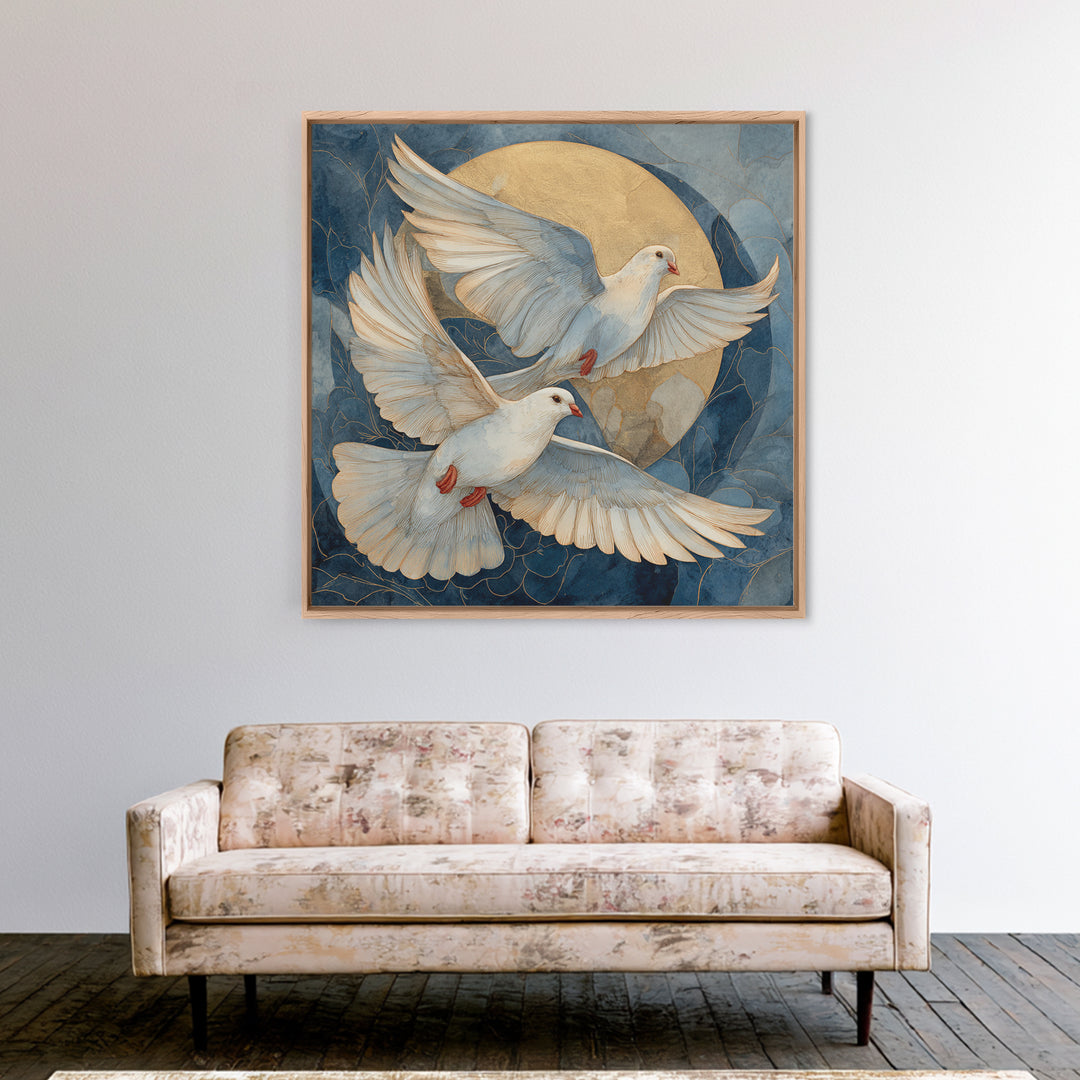 Doves Flying Through Soft Golden Light Framed Canvas Print, Wedding Art, Printable Art, Living Room Decor, Fine Art, Romance, WED-1x1-11