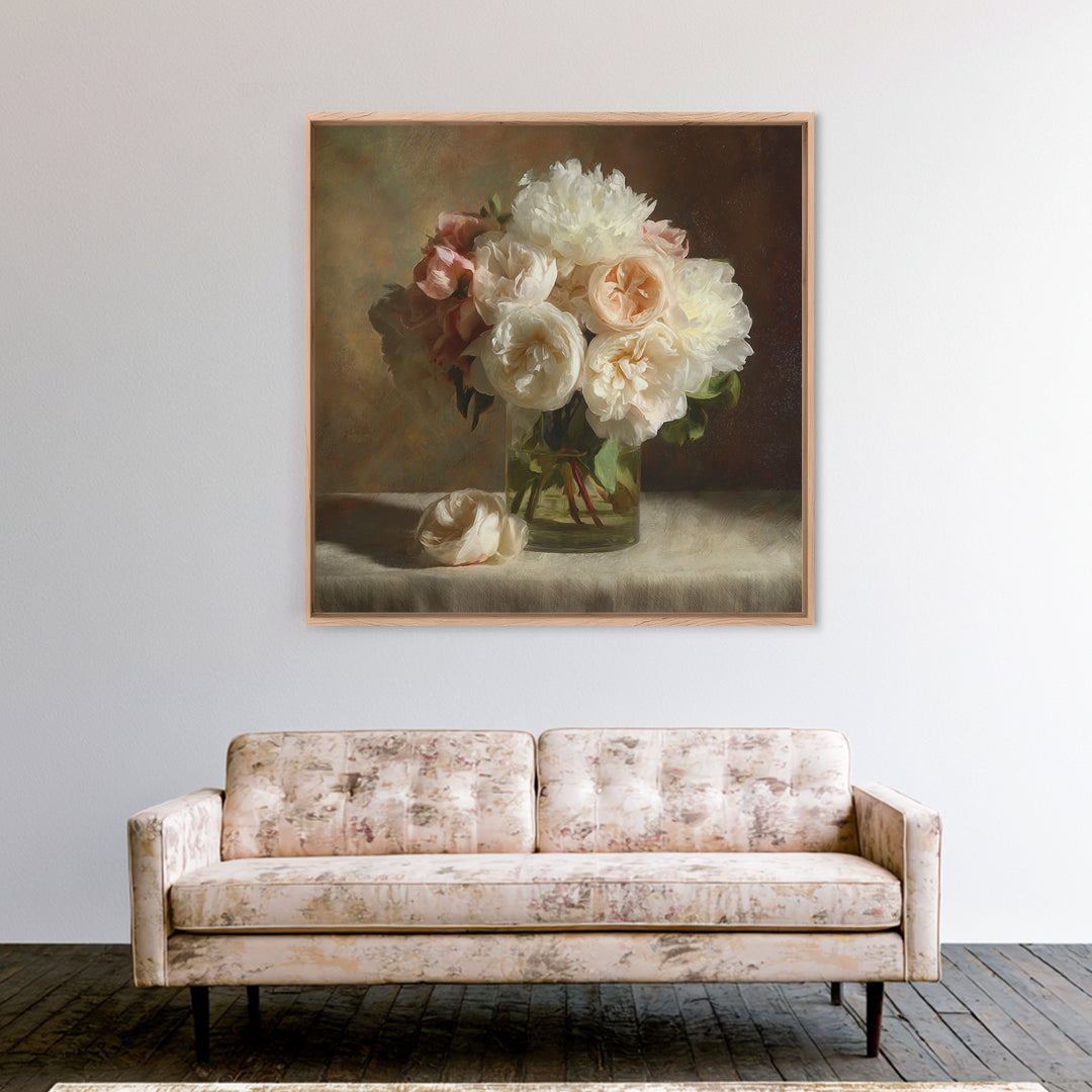 Romantic Bouquet of White Roses and Peonies Canvas Print, Wedding Art, Wedding Painting, Living Room Decor, Fine Art, Romance, WED-1x1-25