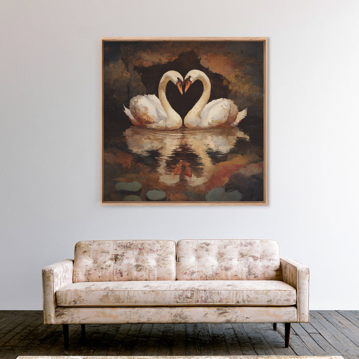 Two Swans Forming a Heart on Dark Canvas Print, Wedding Art, Unique Wedding Gift, Living Room Decor, Fine Art, Romance, WED-1x1-26