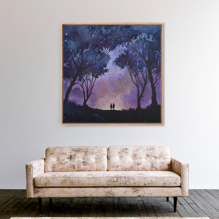 Couple Silhouette Beneath Moonlit Trees Framed Canvas Print, Wedding Art, Personalized Wedding, Living Room Decor, Romance, WED-1x1-29