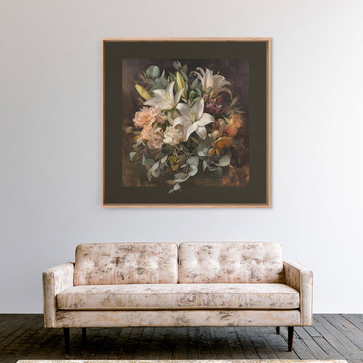 White Lilies and Eucalyptus Arrangement Framed Canvas Print, Wedding Art, Wedding Poster, Living Room Decor, Abstract Art, WED-1x1-33