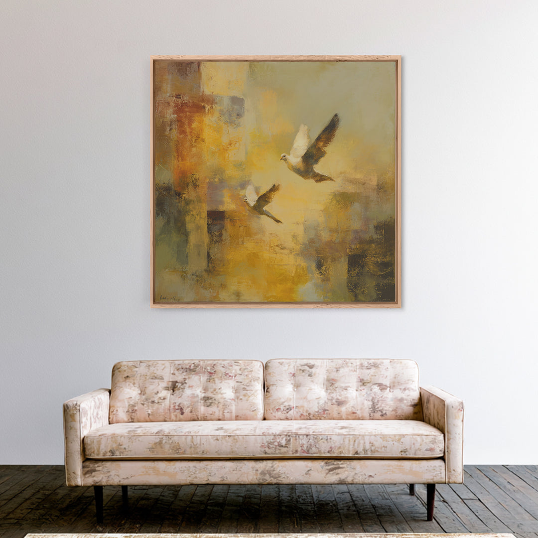 Doves Flying Through Soft Golden Light Canvas Print, Wedding Art, Jewish Art, Living Room Decor, Romance, Personalized Wedding, WED-1x1-35