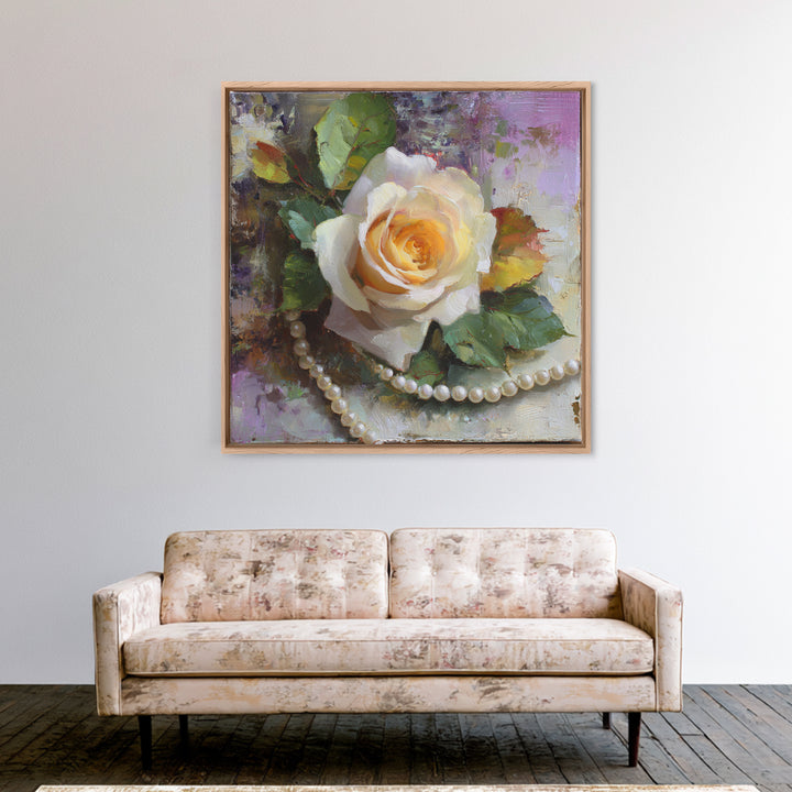 Pearl Necklace and Rose Still Life Canvas Print, Wedding Art, Framed Art, Living Room Decor, Watercolor Art, Romance, WED-1x1-36