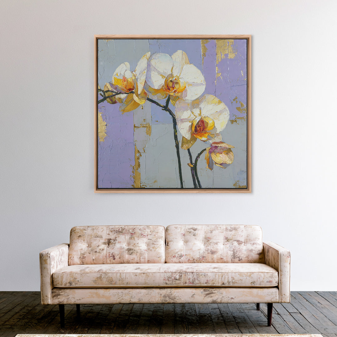 White Orchid and Gold Ribbon Composition Framed Canvas Print, Wedding Art, Wedding, Living Room Decor, Fine Art, Romance, WED-1x1-48