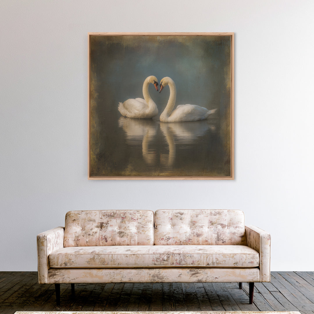 Two Swans Forming a Heart on Dark Canvas Print, Wedding Art, Unique Wedding Gift, Living Room Decor, Fine Art, Romance, WED-1x1-50