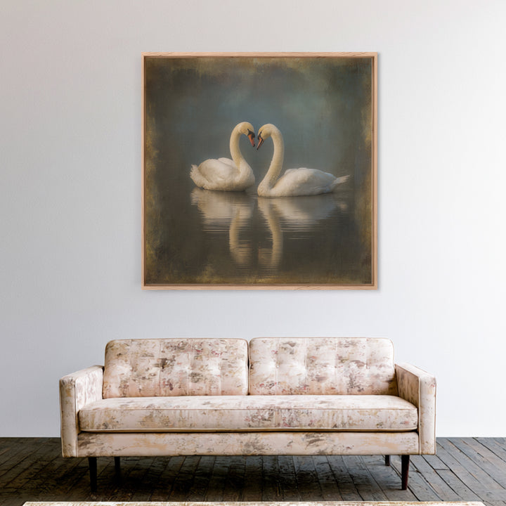 Two Swans Forming a Heart on Dark Canvas Print, Wedding Art, Unique Wedding Gift, Living Room Decor, Fine Art, Romance, WED-1x1-50