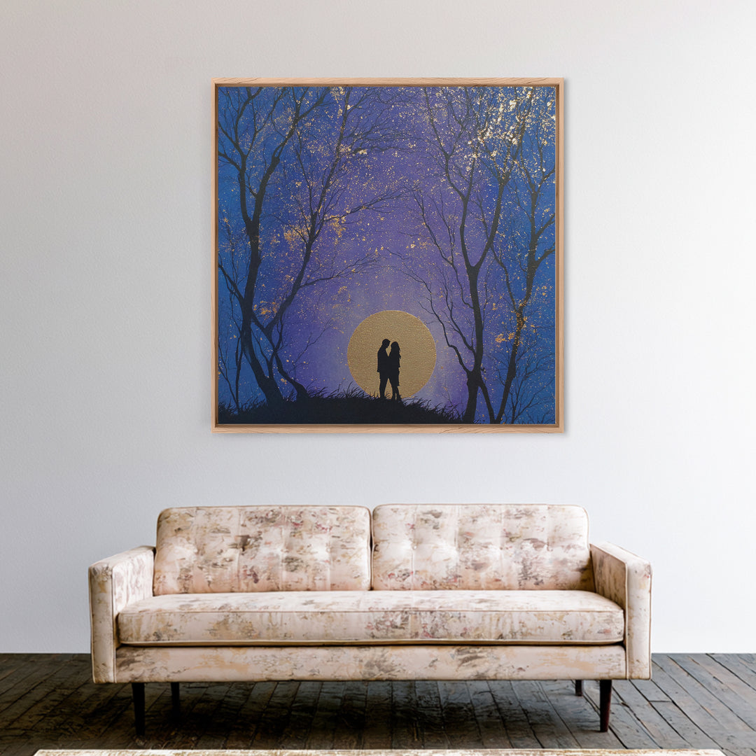 Couple Silhouette Beneath Moonlit Trees Framed Canvas Print, Wedding Art, Personalized Wedding, Living Room Decor, Romance, WED-1x1-53