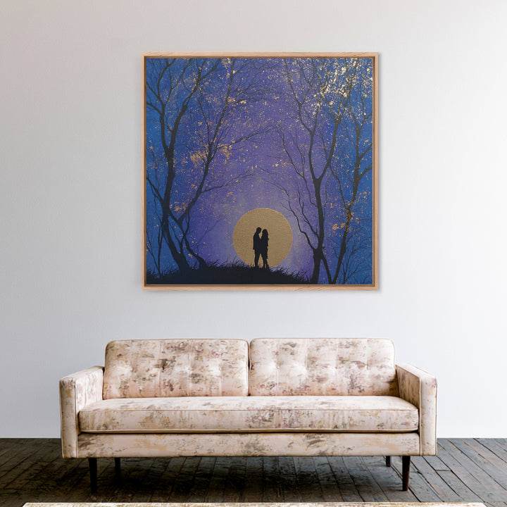 Couple Silhouette Beneath Moonlit Trees Framed Canvas Print, Wedding Art, Personalized Wedding, Living Room Decor, Romance, WED-1x1-53