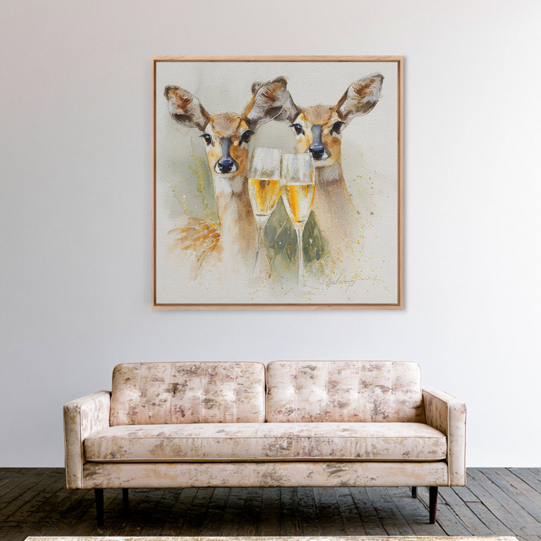 Champagne Glasses with Delicate Sparkle Canvas Print, Wedding Art, Bride and Groom, Living Room Decor, Oil Painting, Romance, WED-1x1-54
