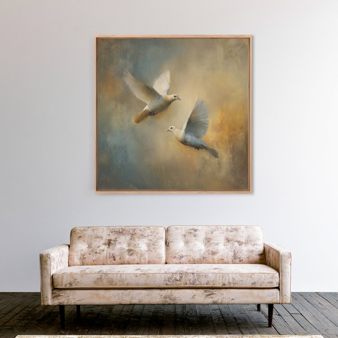 Doves Flying Through Soft Golden Light Canvas Print, Wedding Art, Wedding Painting, Living Room Decor, Fine Art, Romance, WED-1x1-59