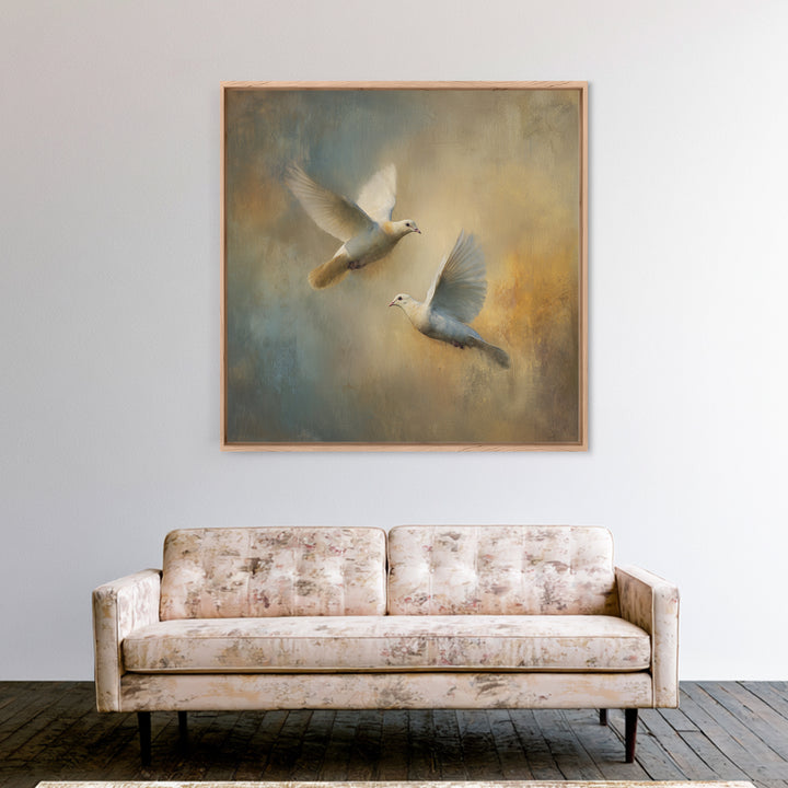 Doves Flying Through Soft Golden Light Canvas Print, Wedding Art, Wedding Painting, Living Room Decor, Fine Art, Romance, WED-1x1-59