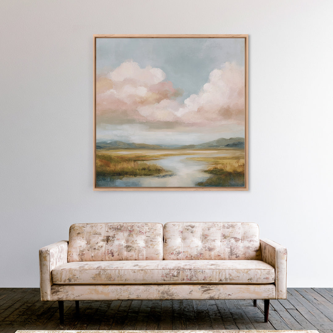 Blush Cloudscape with Dreamy Atmosphere Framed Canvas Print, Wedding Art, Personalized Wedding, Living Room Decor, Romance, WED-1x1-63