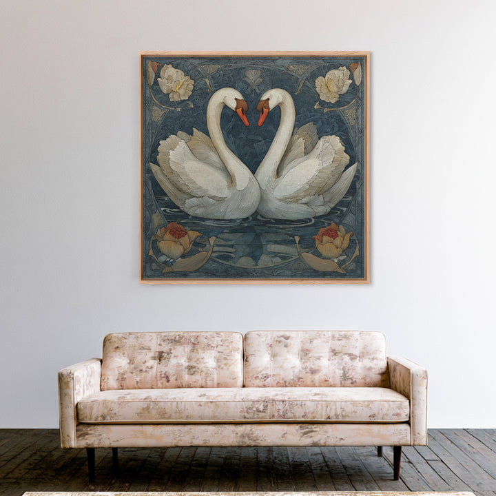 Two Swans Forming a Heart on Dark Framed Canvas Print, Wedding Art, Personalized Art, Living Room Decor, Fine Art, Romance, WED-1x1-74