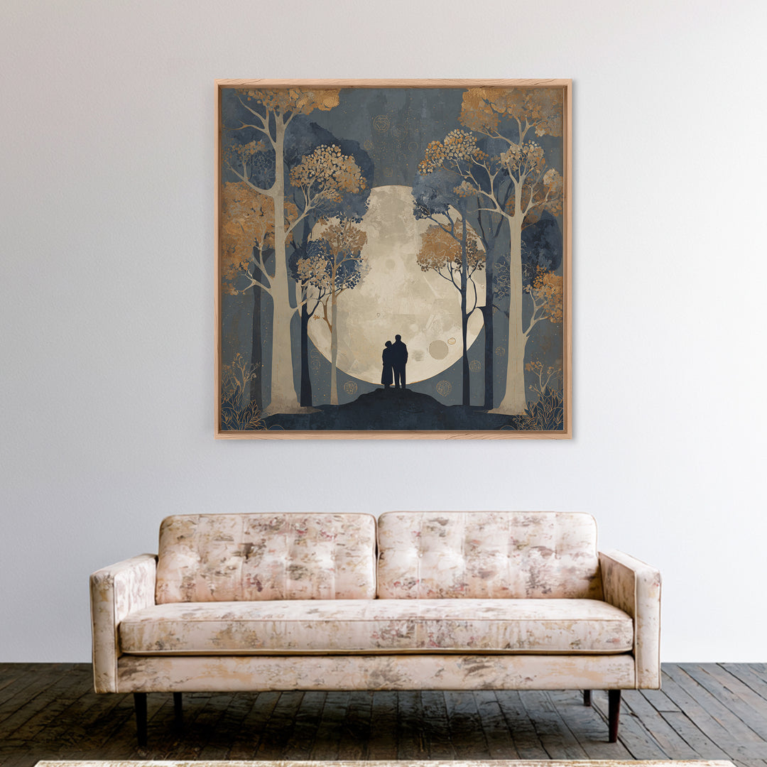 Couple Silhouette Beneath Moonlit Trees Canvas Print, Wedding Art, Neutral Decor, Living Room Decor, Fine Art, Romance, WED-1x1-77