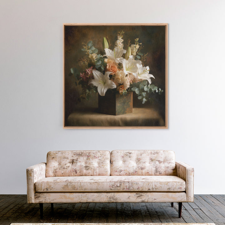 White Lilies and Eucalyptus Arrangement Canvas Print, Wedding Art, Modern Decor, Living Room Decor, Fine Art, Romance, WED-1x1-81
