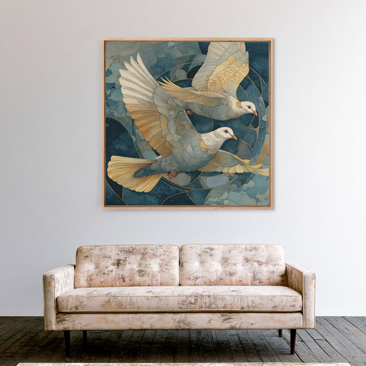 Doves Flying Through Soft Golden Light Framed Canvas Print, Wedding Art, Wall Decor, Living Room Decor, Fine Art, Romance, WED-1x1-83