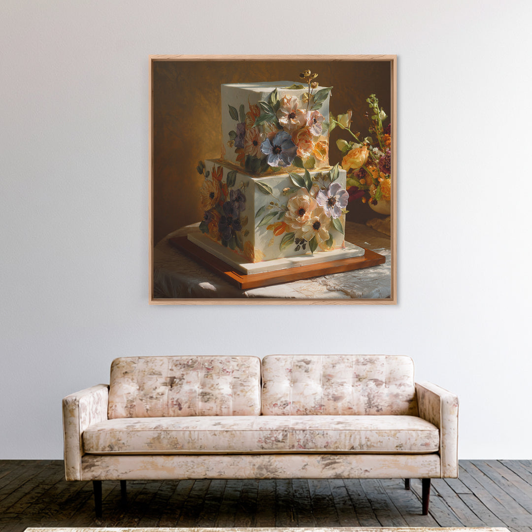 Wedding Cake with Flowers in Painterly Style Canvas Print, Wedding Art, Wedding Poster, Living Room Decor, Oil Painting, WED-1x1-86