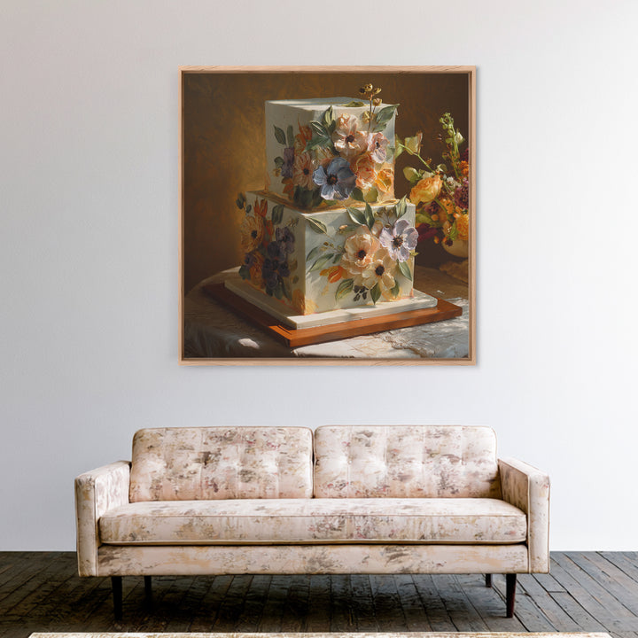Wedding Cake with Flowers in Painterly Style Canvas Print, Wedding Art, Wedding Poster, Living Room Decor, Oil Painting, WED-1x1-86