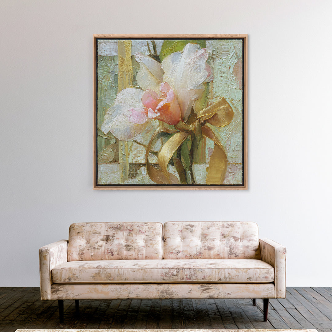 White Orchid and Gold Ribbon Composition Framed Canvas Print, Wedding Art, Wedding Gift, Living Room Decor, Fine Art, Romance, WED-1x1-96