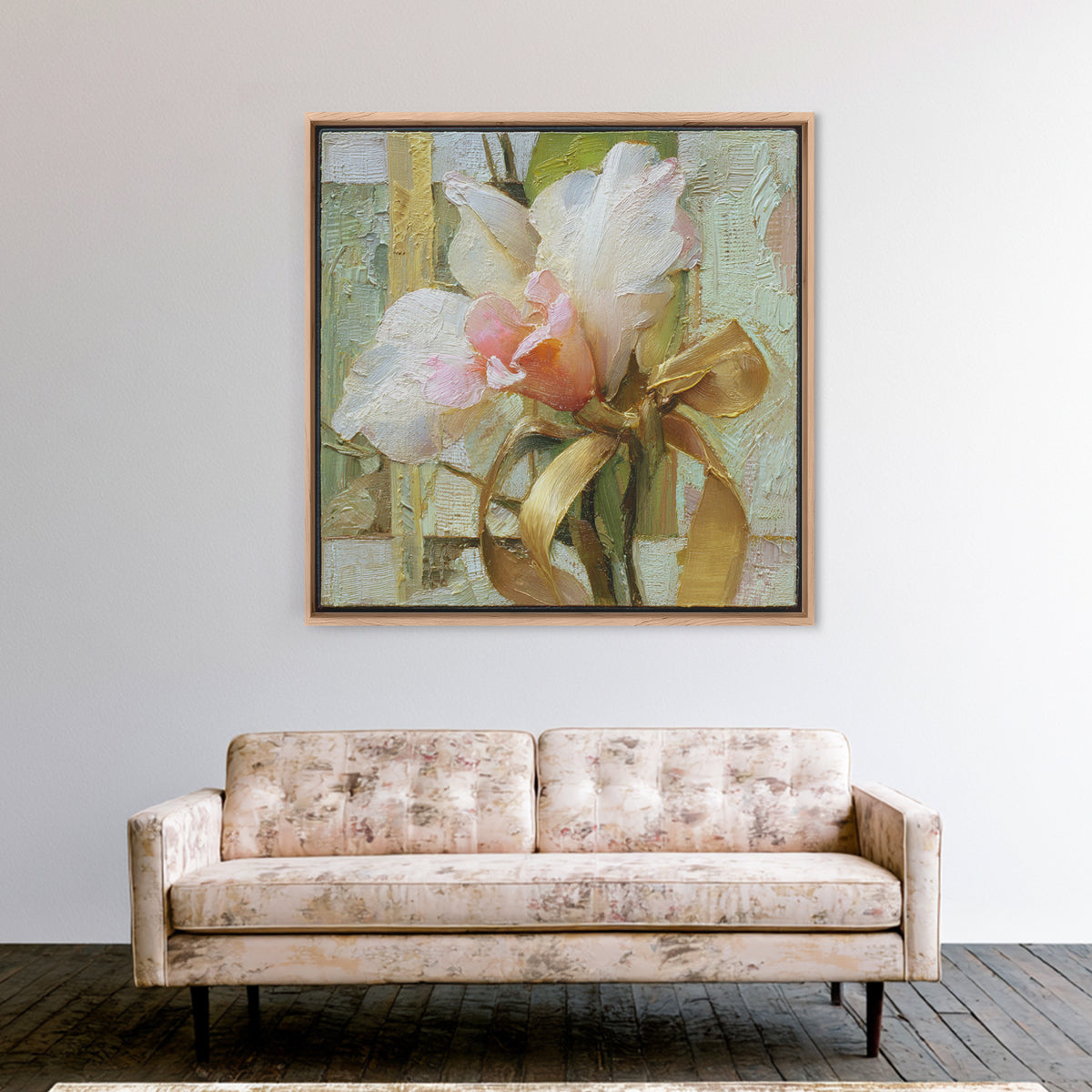 White Orchid and Gold Ribbon Composition Framed Canvas Print, Wedding Art, Wedding Gift, Living Room Decor, Fine Art, Romance, WED-1x1-96