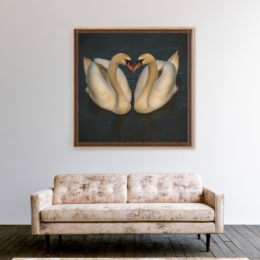 Two Swans Forming a Heart on Dark Canvas Print, Wedding Art, Gallery Decor, Living Room Decor, Fine Art, Romance, WED-1x1-98