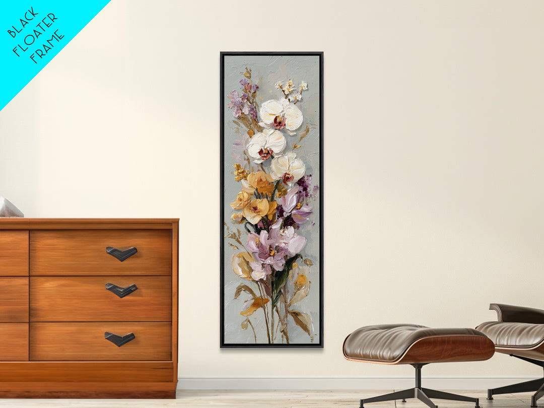 White Orchid and Gold Ribbon Composition Framed Canvas Print, Wedding Art, Neutral Decor, Living Room Decor, Fine Art, Romance, WED-1x3-36