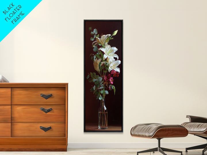 White Lilies and Eucalyptus Arrangement Framed Canvas Print, Wedding Art, Wedding Stationery, Living Room Decor, Oil Painting, WED-1x3-45