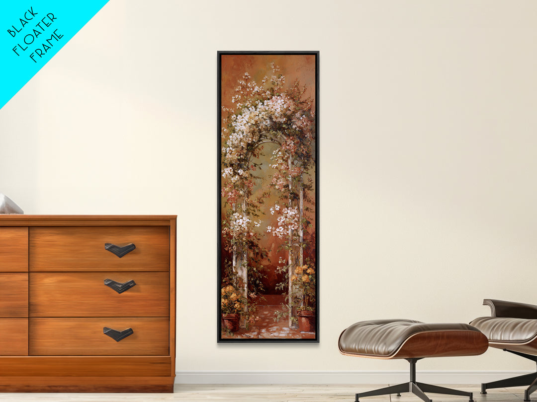 Romantic Garden Arch Covered Framed Canvas Print, Wedding Art, Wedding Reception, Living Room Decor, Watercolor Art, Romance, WED-1x3-70