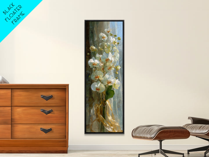 White Orchid and Gold Ribbon Composition Framed Canvas Print, Wedding Art, Art, Living Room Decor, Fine Art, Romance, WED-1x3-84