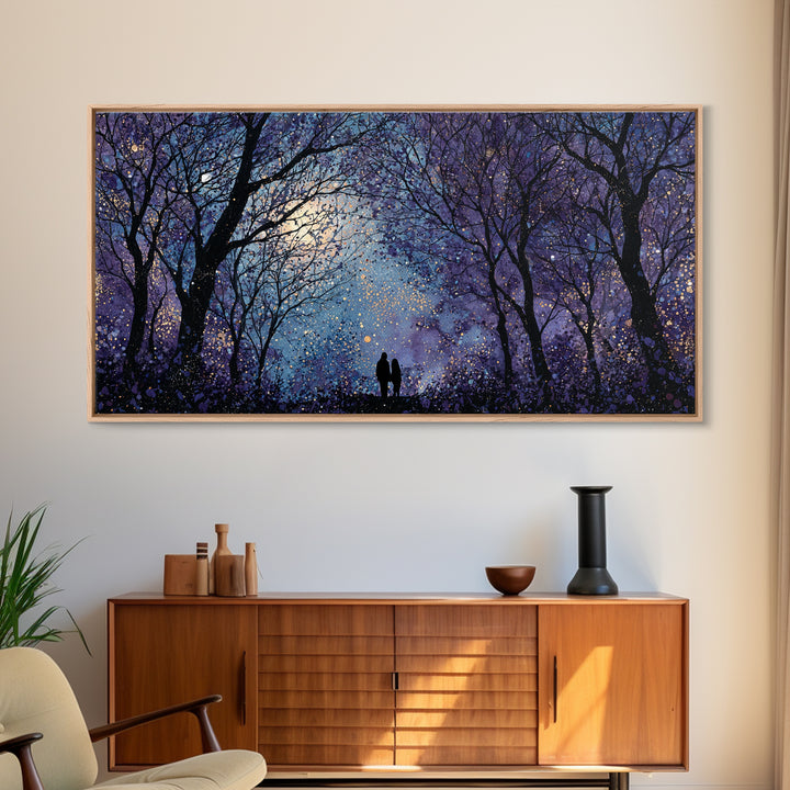 Couple Silhouette Beneath Moonlit Trees Framed Canvas Print, Wedding Art, Luxury Decor, Living Room Decor, Fine Art, Romance, WED-2x1-1