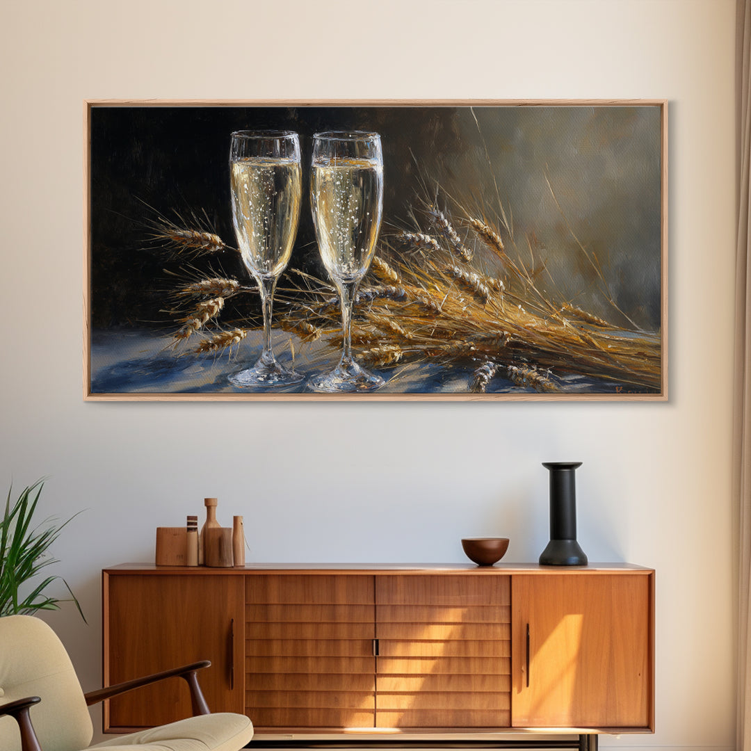Champagne Glasses with Delicate Sparkle Canvas Print, Wedding Art, Wall Decor, Living Room Decor, Abstract Art, Romance, WED-2x1-2