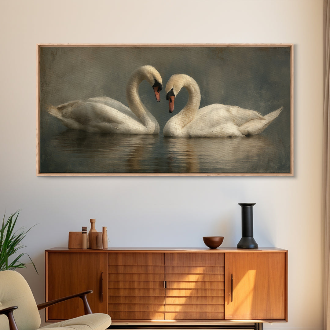 Two Swans Forming a Heart on Dark Canvas Print, Wedding Art, Gallery Decor, Living Room Decor, Fine Art, Romance, WED-2x1-22