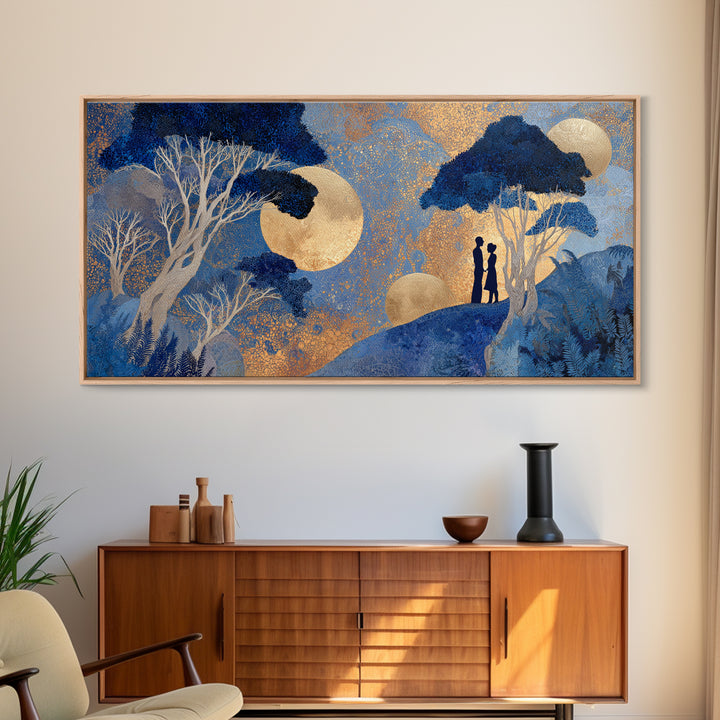 Couple Silhouette Beneath Moonlit Trees Framed Canvas Print, Wedding Art, Luxury Decor, Living Room Decor, Fine Art, Romance, WED-2x1-25