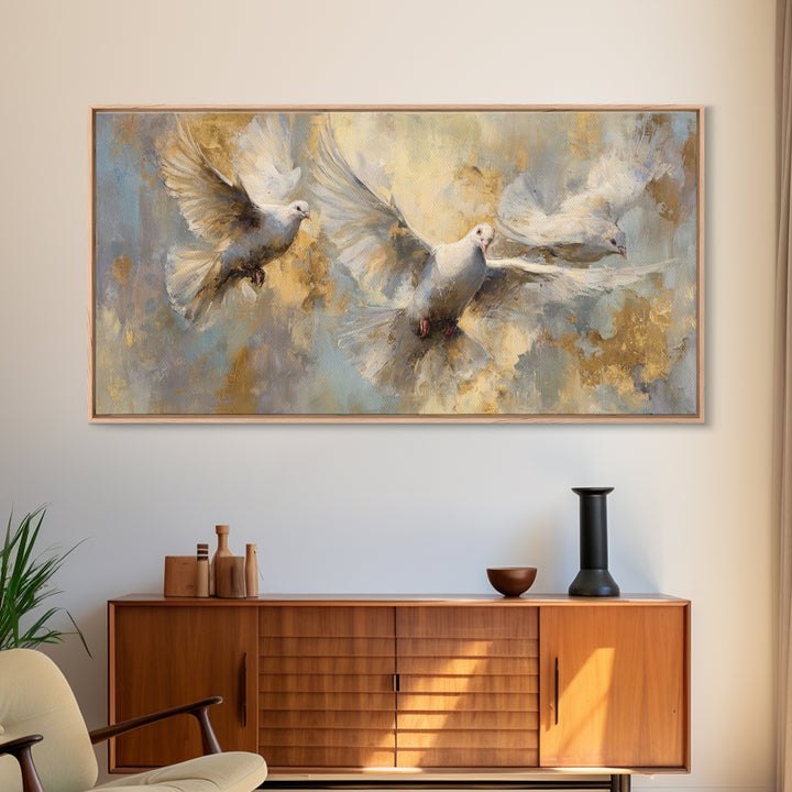 Doves Flying Through Soft Golden Light Canvas Print, Wedding Art, Art Print, Living Room Decor, Romance, Downloadable Art, WED-2x1-31