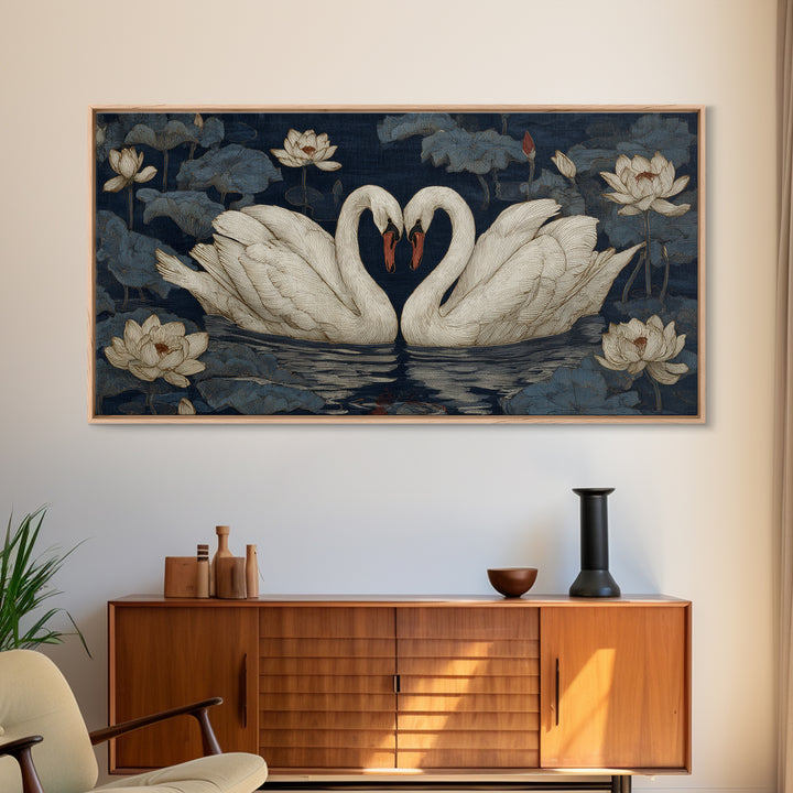 Two Swans Forming a Heart on Dark Framed Canvas Print, Wedding Art, Boho Decor, Living Room Decor, Fine Art, Romance, WED-2x1-46