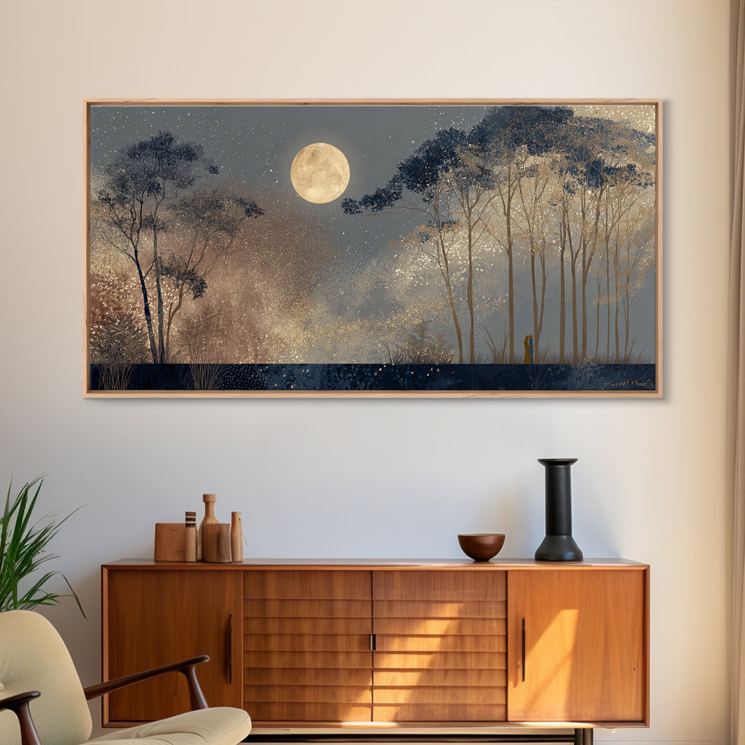 Couple Silhouette Beneath Moonlit Trees Canvas Print, Wedding Art, Art, Living Room Decor, Romance, Custom Wedding Gift, WED-2x1-49